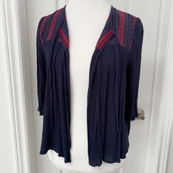 After Market - Navy Crepe Blouse with Red Floral Embroidery - Picture 7 of 10